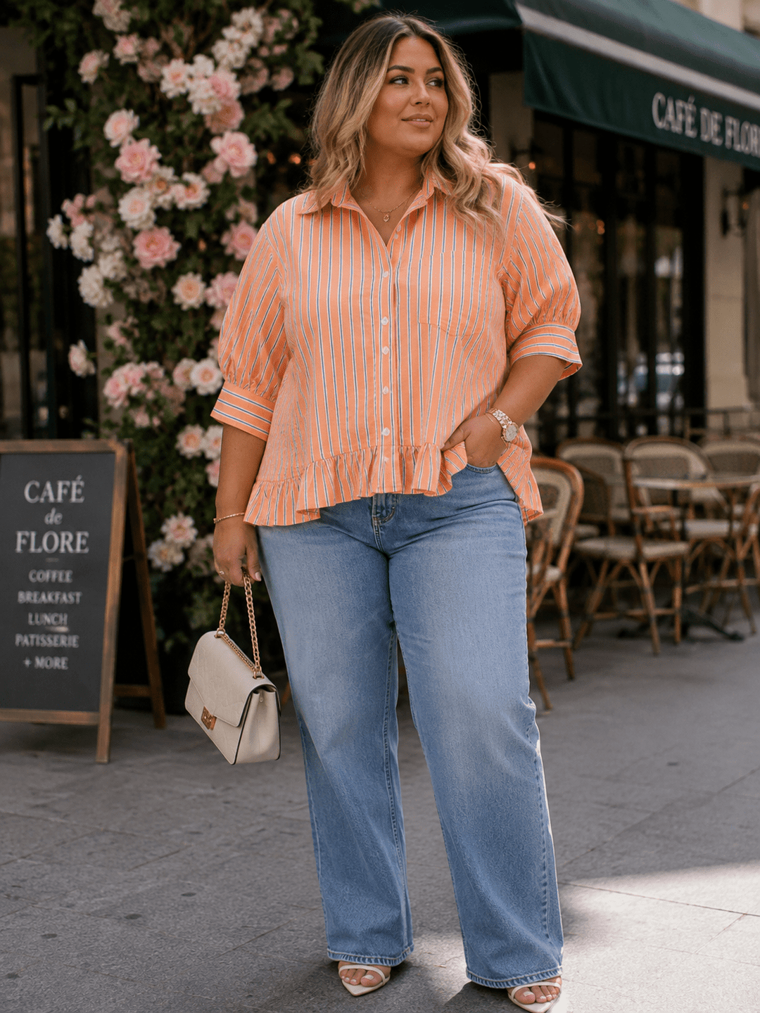 PLUS SIZE 3/4 SLEEVE BUTTON UP COLLAR RUFFLE BOTTOM HEM COLORBLOCK STRIPES BLOUSE