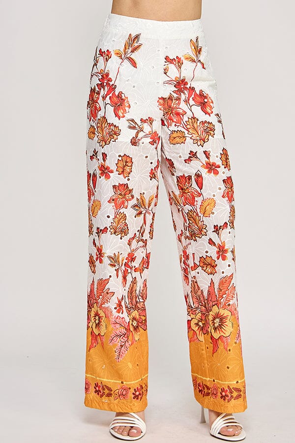WOMEN'S ELASTIC WAIST EYELET FLORAL WIDE LEG PANTS