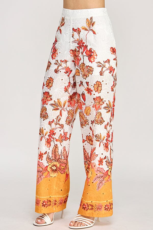 WOMEN'S ELASTIC WAIST EYELET FLORAL WIDE LEG PANTS