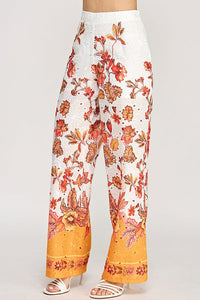 WOMEN'S ELASTIC WAIST EYELET FLORAL WIDE LEG PANTS