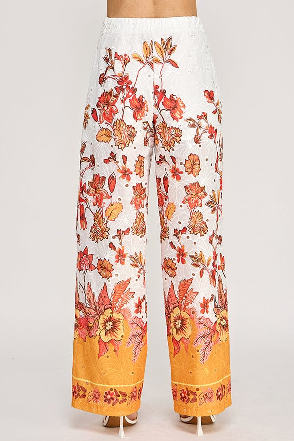WOMEN'S ELASTIC WAIST EYELET FLORAL WIDE LEG PANTS