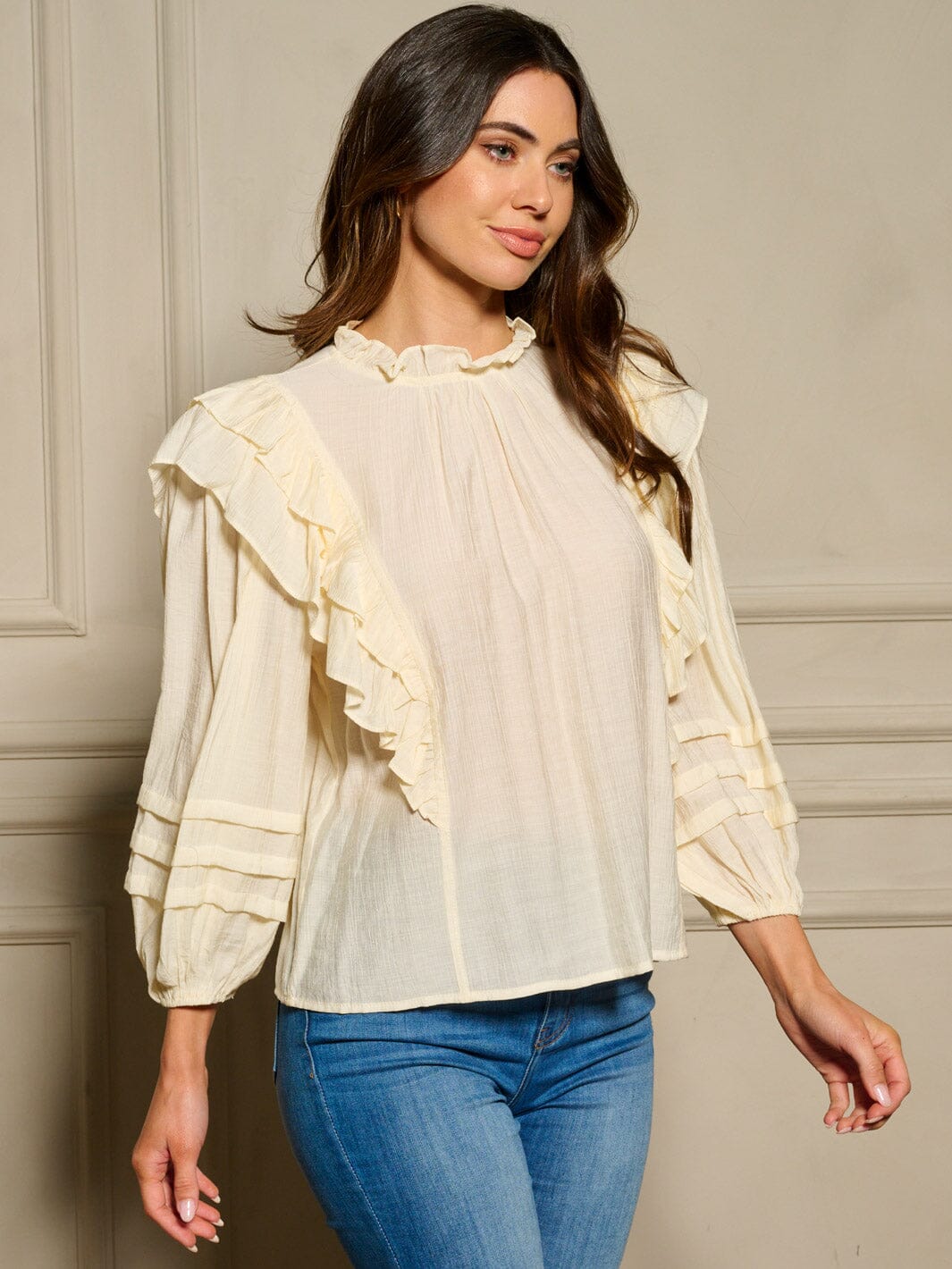 WOMEN'S LONG SLEEVE MOCK NECK RUFFLE BLOUSE TOP