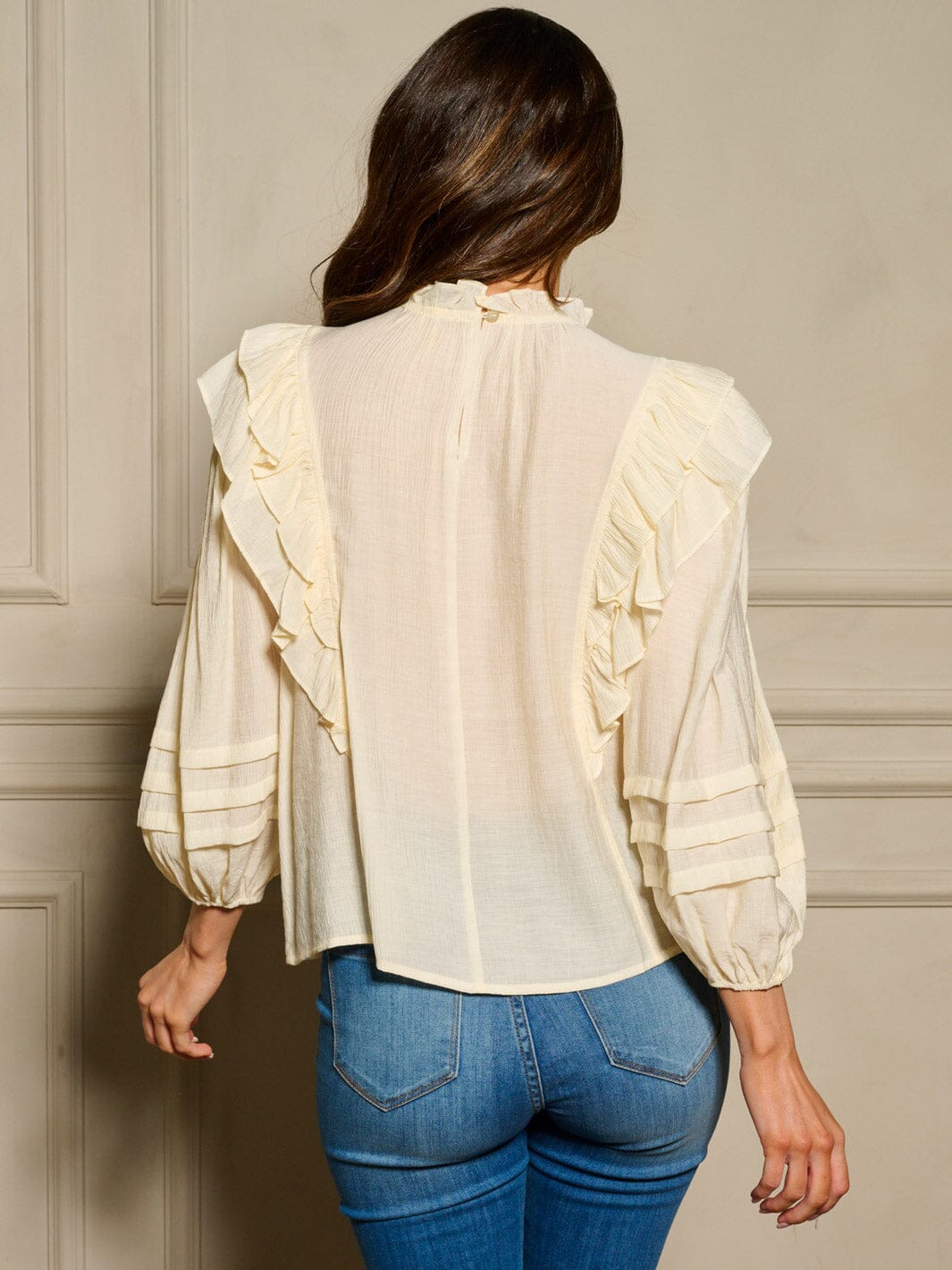 WOMEN'S LONG SLEEVE MOCK NECK RUFFLE BLOUSE TOP