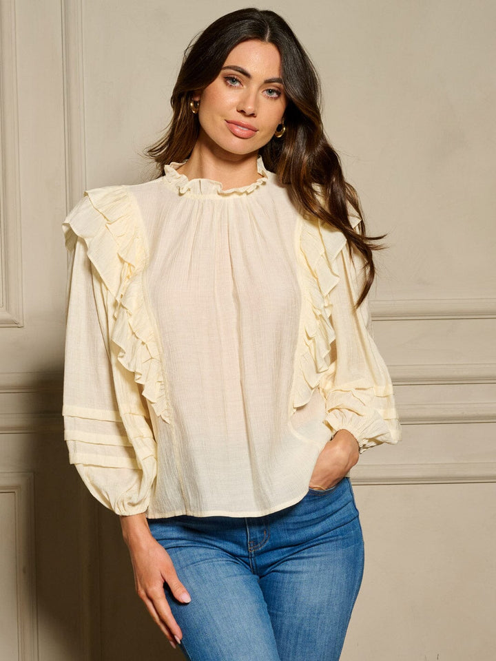 WOMEN'S LONG SLEEVE MOCK NECK RUFFLE BLOUSE TOP