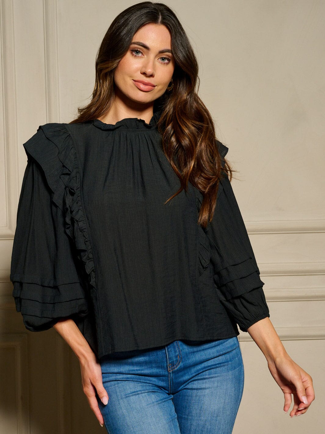 WOMEN'S LONG SLEEVE MOCK NECK RUFFLE BLOUSE TOP