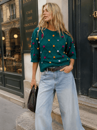 WOMEN'S SHORT SLEEVE POM POM DETAILED SWEATER BLOUSE