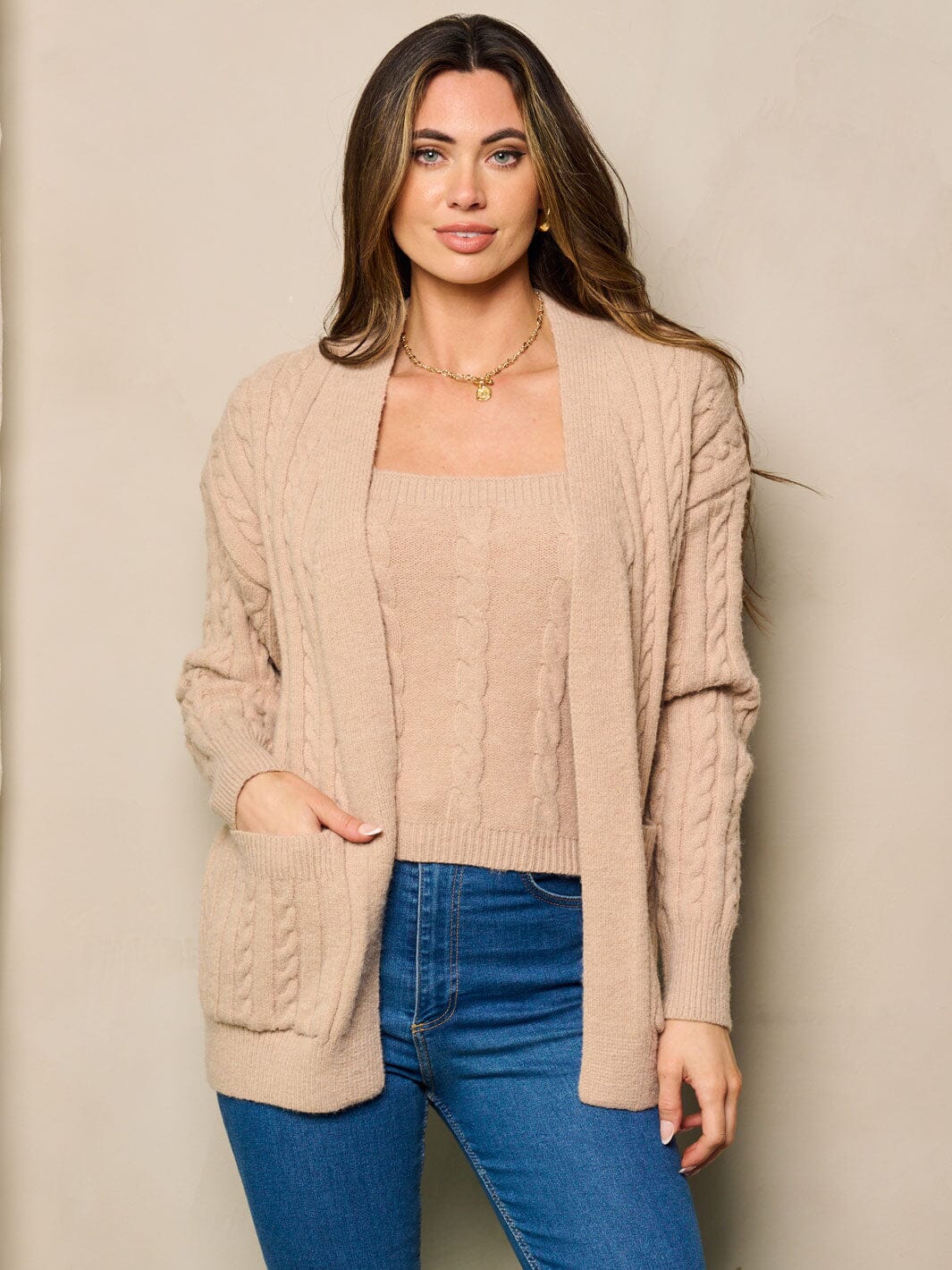 Elegant High Neck Rib Knit Tank Top and Duster Cardigan Matching Set