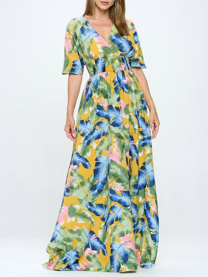 Copy of WOMEN'S SHORT SLEEVE SURPLICE SMOCK WAIST PRINTED MAXI DRESS