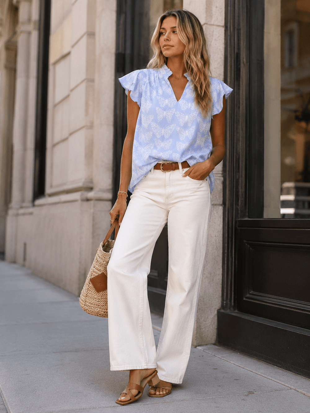 WOMEN'S RUFFLE SLEEVE V-NECK BUTTEFLY PRINT BLOUSE