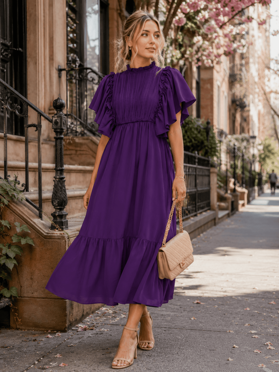 ENTRO WOMEN'S SHORT SLEEVE RUFFLE ELASTIC WAIST MAXI DRESS