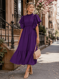 ENTRO WOMEN'S SHORT SLEEVE RUFFLE ELASTIC WAIST MAXI DRESS