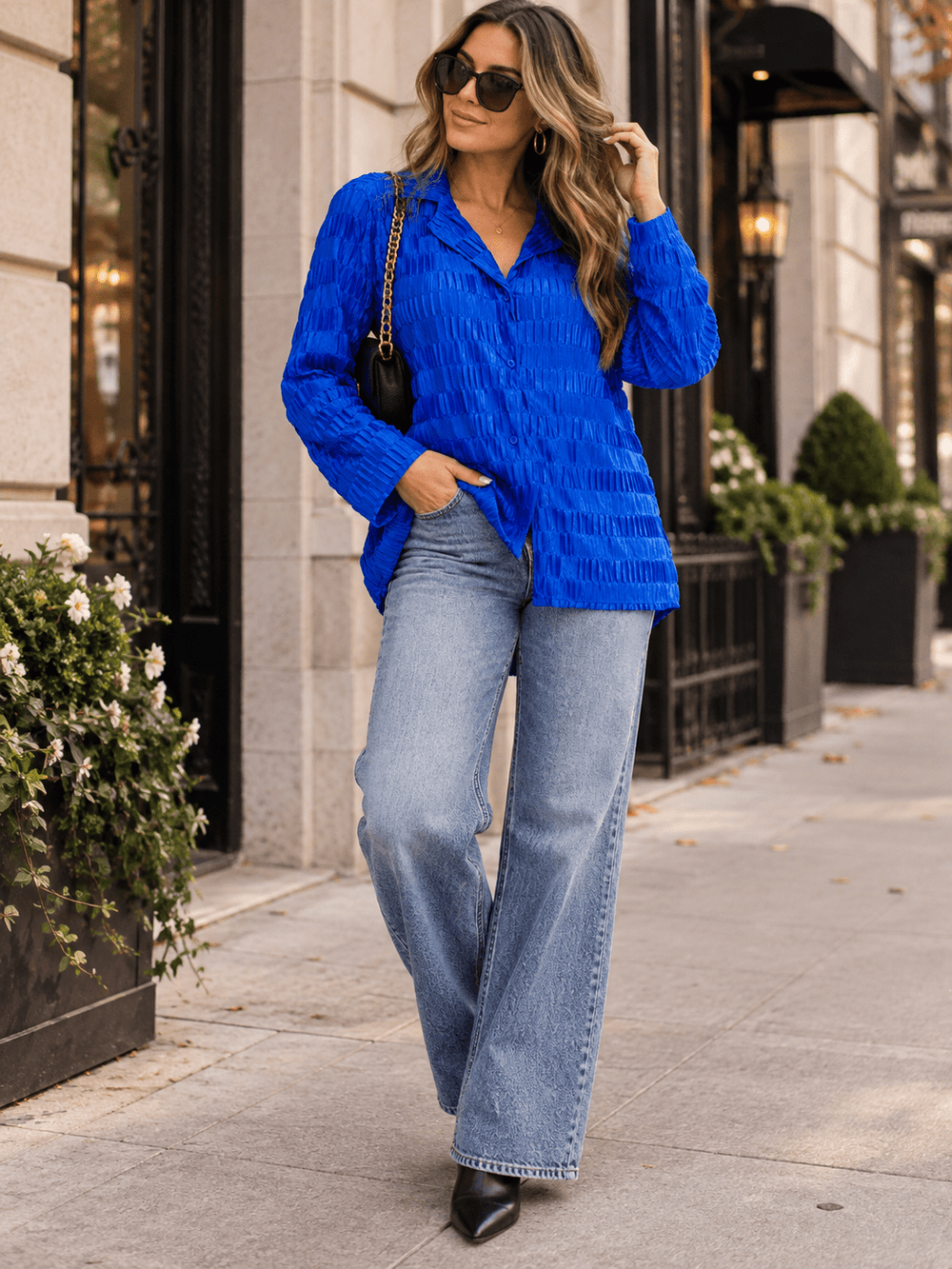 WOMEN'S LONG SLEEVE BUTTON UP DETAILED BLOUSE