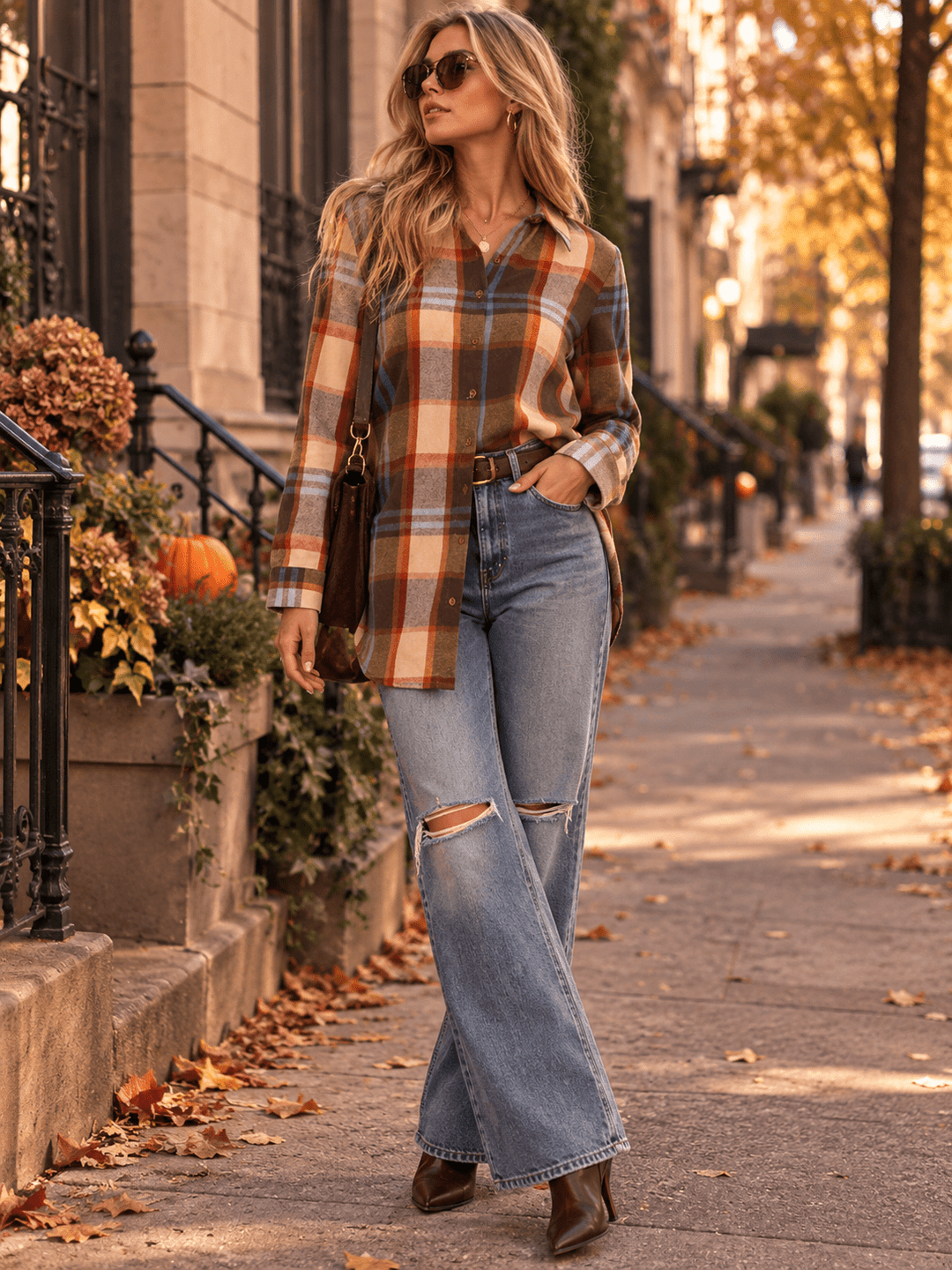 WOMEN'S LONG SLEEVE BUTTON UP COLORBLOCK PLAID SHIRT
