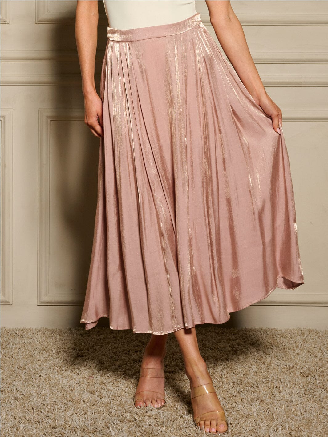 WOMEN'S ZIP UP PLEATED SHIMMER MAXI SKIRT