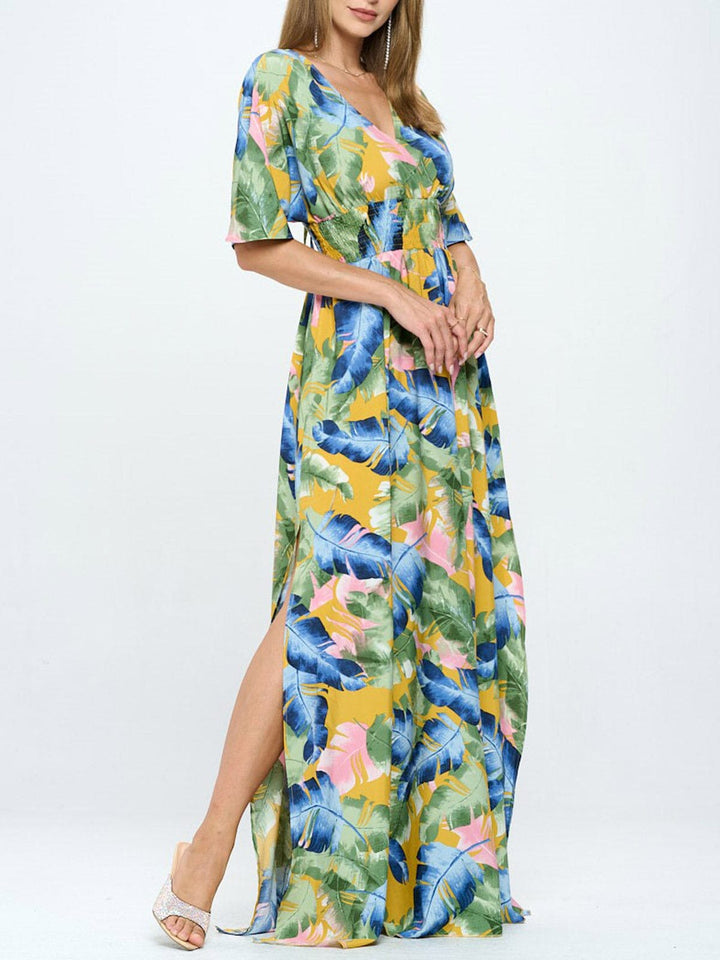 Copy of WOMEN'S SHORT SLEEVE SURPLICE SMOCK WAIST PRINTED MAXI DRESS