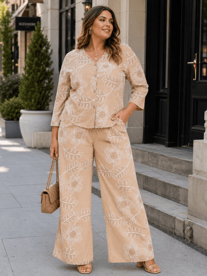 PLUS SIZE 3/4 SLEEVE BUTTON UP BLOUSE & ELASTIC WAIST POCKETS PANTS EMBROIDERY 2PC. SET