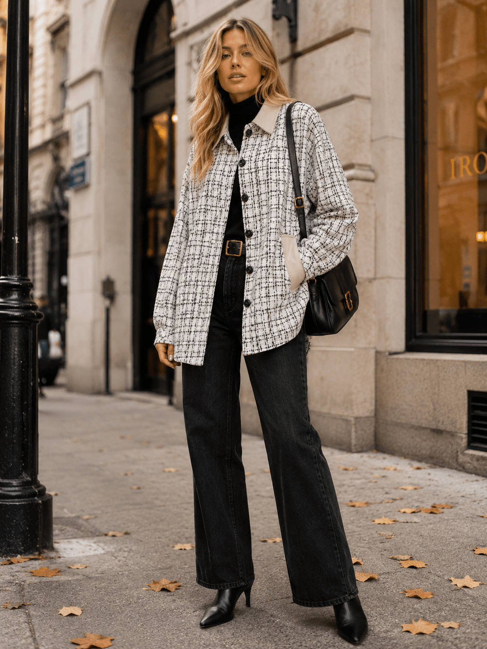 WOMEN'S LONG SLEEVE BUTTON CLOSURE FRONT POCKETS TWEED JACKET
