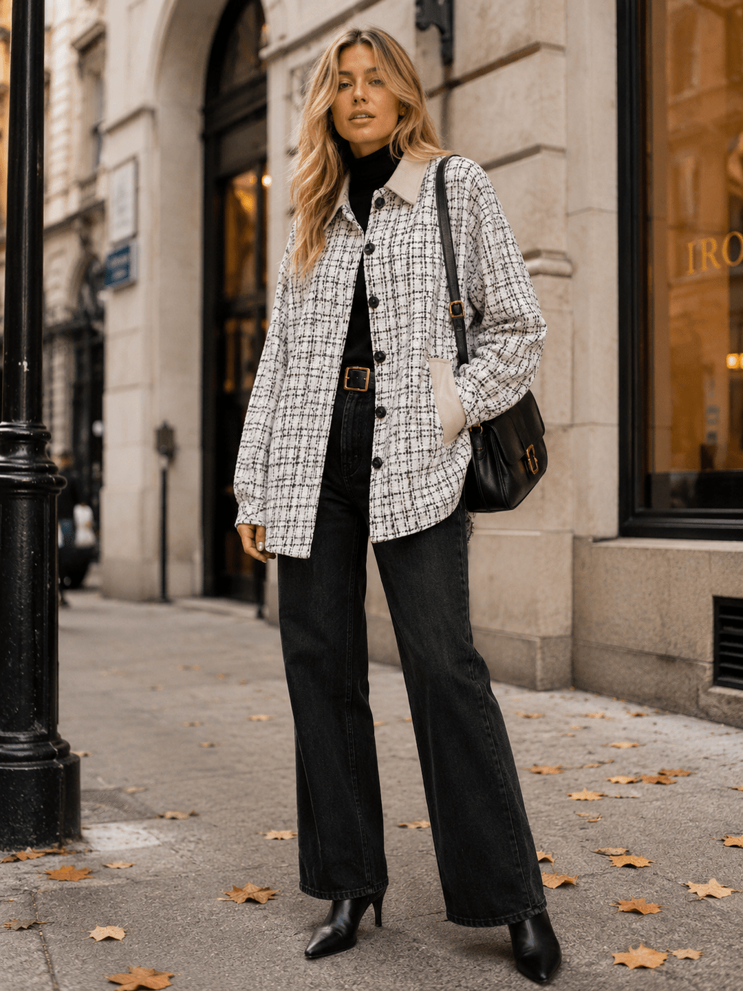 WOMEN'S LONG SLEEVE BUTTON CLOSURE FRONT POCKETS TWEED JACKET
