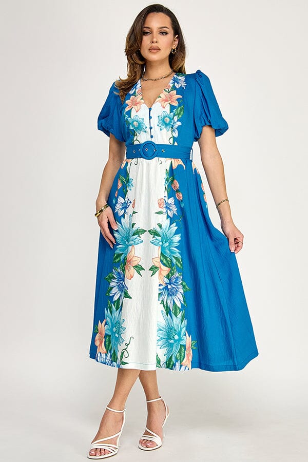 WOMEN'S SHORT PUFF SLEEVE BUTTON BELTED FLORAL PRINT MAXI DRESS