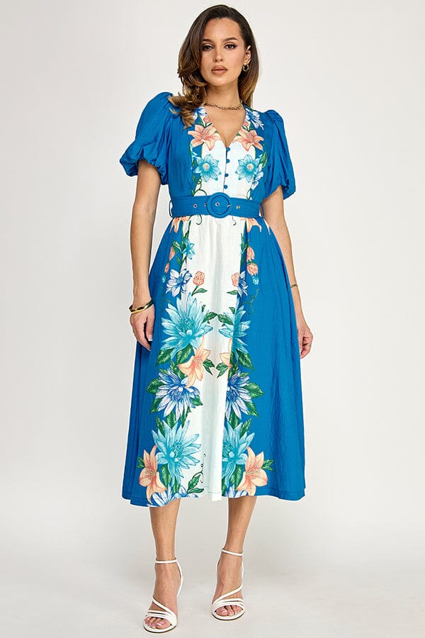 WOMEN'S SHORT PUFF SLEEVE BUTTON BELTED FLORAL PRINT MAXI DRESS