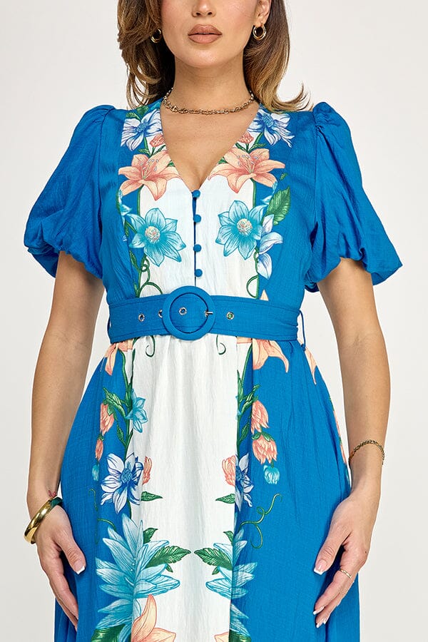 WOMEN'S SHORT PUFF SLEEVE BUTTON BELTED FLORAL PRINT MAXI DRESS