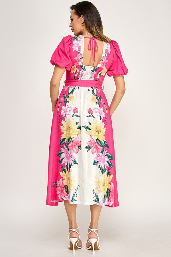 WOMEN'S SHORT PUFF SLEEVE BUTTON BELTED FLORAL PRINT MAXI DRESS