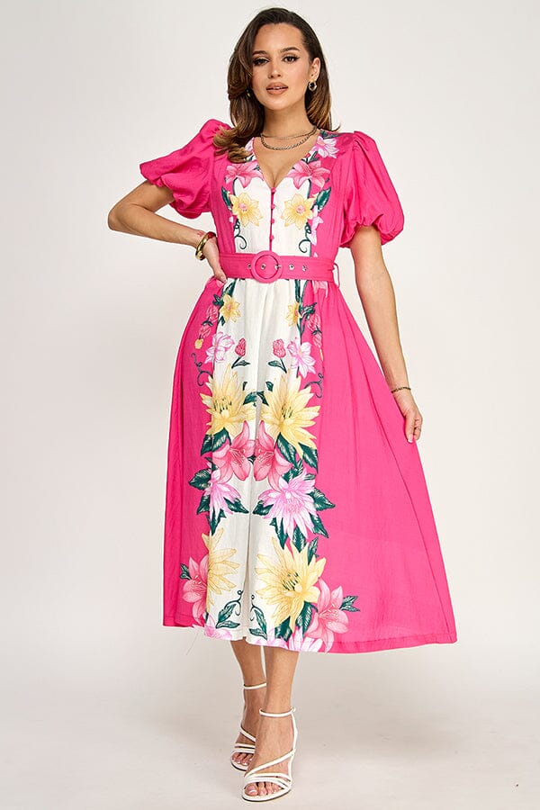 WOMEN'S SHORT PUFF SLEEVE BUTTON BELTED FLORAL PRINT MAXI DRESS