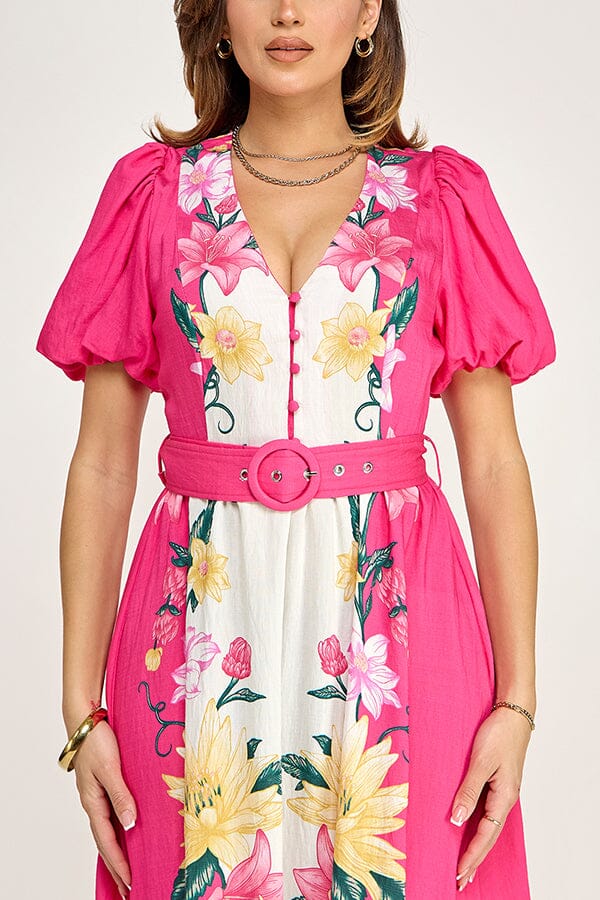 WOMEN'S SHORT PUFF SLEEVE BUTTON BELTED FLORAL PRINT MAXI DRESS