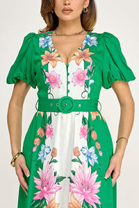 WOMEN'S SHORT PUFF SLEEVE BUTTON BELTED FLORAL PRINT MAXI DRESS