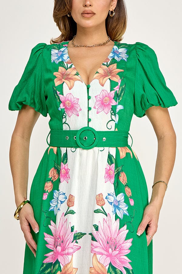 WOMEN'S SHORT PUFF SLEEVE BUTTON BELTED FLORAL PRINT MAXI DRESS
