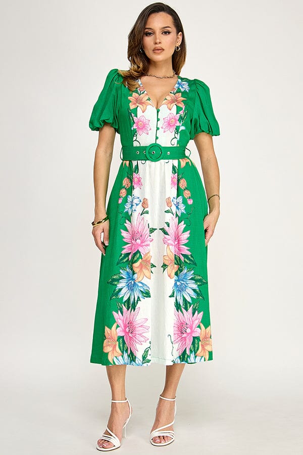WOMEN'S SHORT PUFF SLEEVE BUTTON BELTED FLORAL PRINT MAXI DRESS