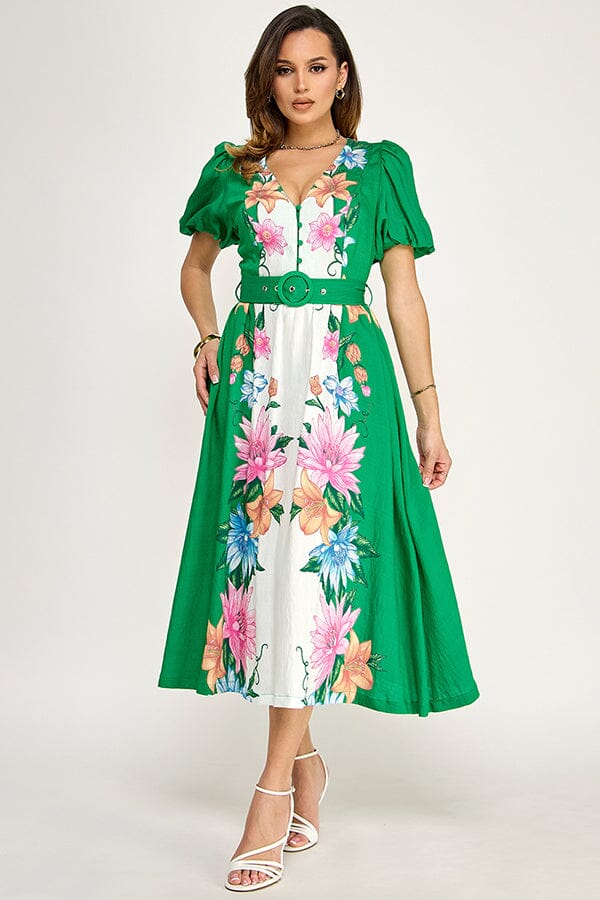 WOMEN'S SHORT PUFF SLEEVE BUTTON BELTED FLORAL PRINT MAXI DRESS