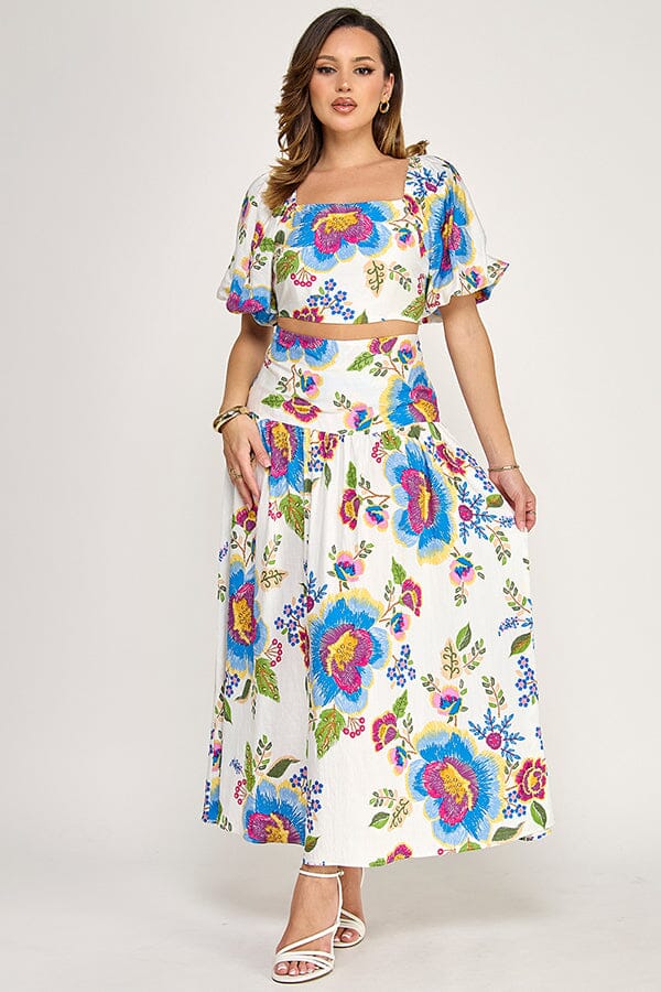 WOMEN'S SHORT SLEEVE CROP TOP & ELASTIC WAIST MAXI SKIRTS FLORAL 2PC. SET
