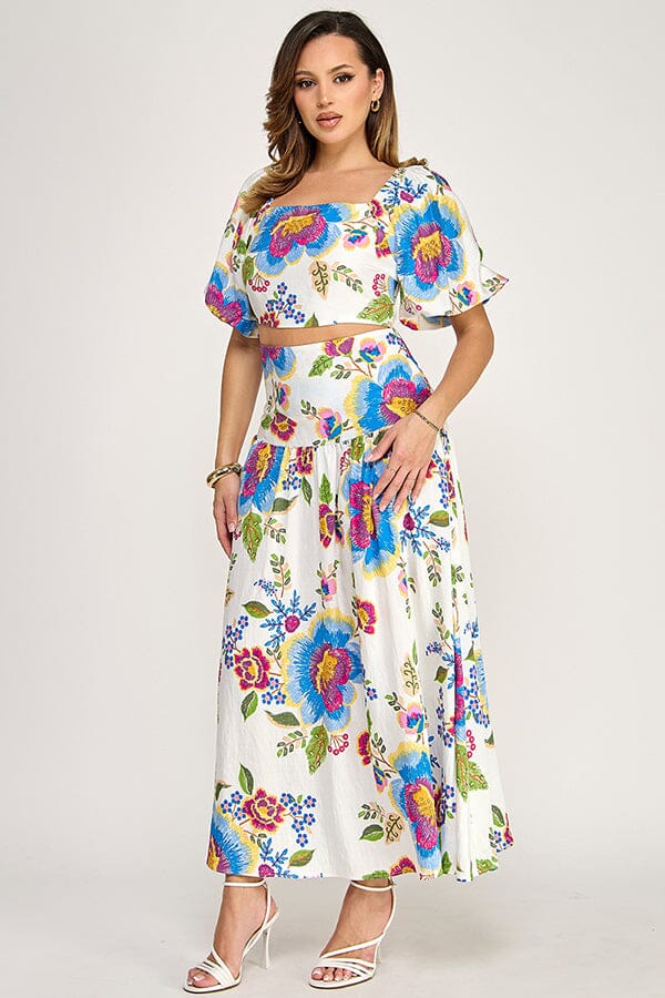 WOMEN'S SHORT SLEEVE CROP TOP & ELASTIC WAIST MAXI SKIRTS FLORAL 2PC. SET