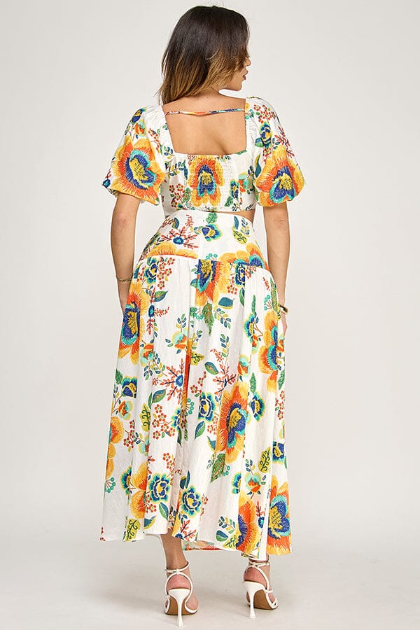 WOMEN'S SHORT SLEEVE CROP TOP & ELASTIC WAIST MAXI SKIRTS FLORAL 2PC. SET