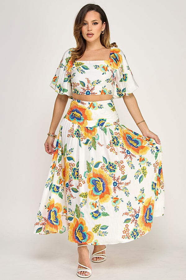 WOMEN'S SHORT SLEEVE CROP TOP & ELASTIC WAIST MAXI SKIRTS FLORAL 2PC. SET