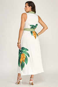 WOMEN'S SLEEVELESS BUTTON UP SELF TIE LEAF PRINT MAXI DRESS