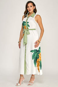 WOMEN'S SLEEVELESS BUTTON UP SELF TIE LEAF PRINT MAXI DRESS