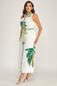 WOMEN'S SLEEVELESS BUTTON UP SELF TIE LEAF PRINT MAXI DRESS