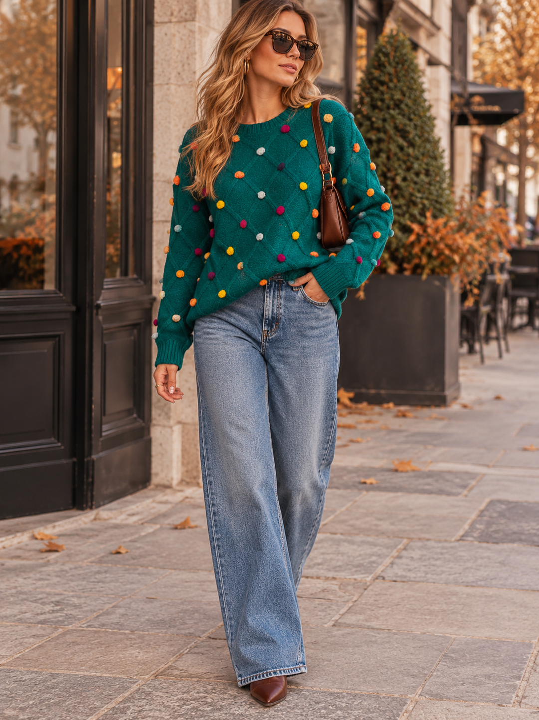 WOMEN'S LONG SLEEVE PULLOVER POM POM DETAILED SWEATER