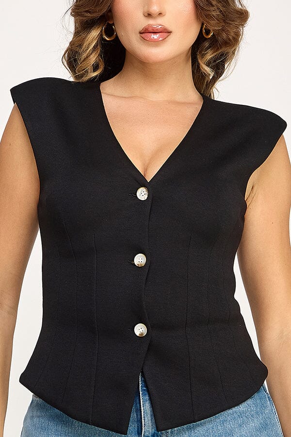 WOMEN'S SLEEVELESS V-NECK BUTTON UP BLOUSE