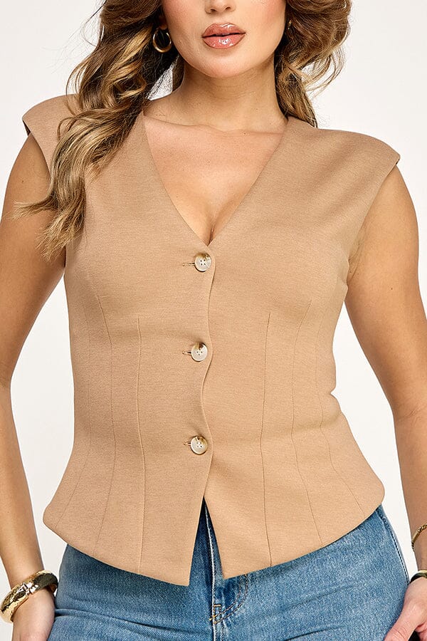 WOMEN'S SLEEVELESS V-NECK BUTTON UP BLOUSE