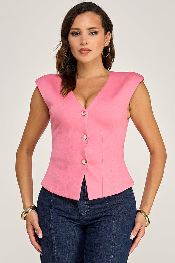 WOMEN'S SLEEVELESS V-NECK BUTTON UP BLOUSE