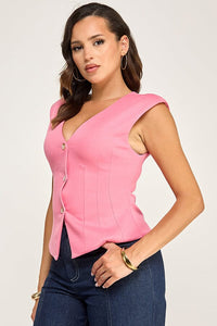 WOMEN'S SLEEVELESS V-NECK BUTTON UP BLOUSE