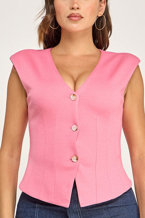 WOMEN'S SLEEVELESS V-NECK BUTTON UP BLOUSE