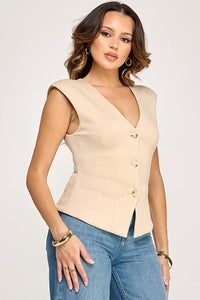 WOMEN'S SLEEVELESS V-NECK BUTTON UP BLOUSE