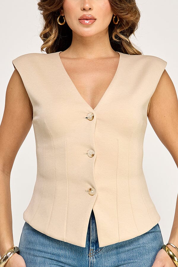 WOMEN'S SLEEVELESS V-NECK BUTTON UP BLOUSE