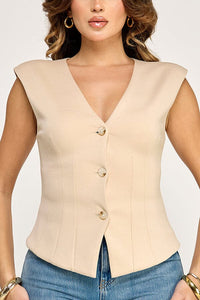 WOMEN'S SLEEVELESS V-NECK BUTTON UP BLOUSE