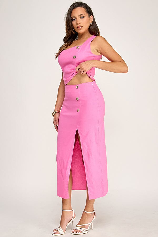 WOMEN'S SLEEVELESS SQUARE NECK BLOUSE & ZIP UP SLIT MAXI SKIRTS 2PC. SET