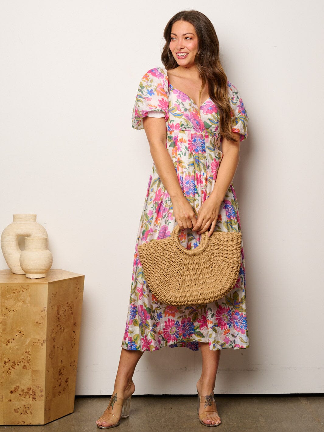 WOMEN'S SHORT PUFF SLEEVES FIT & FLARE FLORAL MIDI DRESS